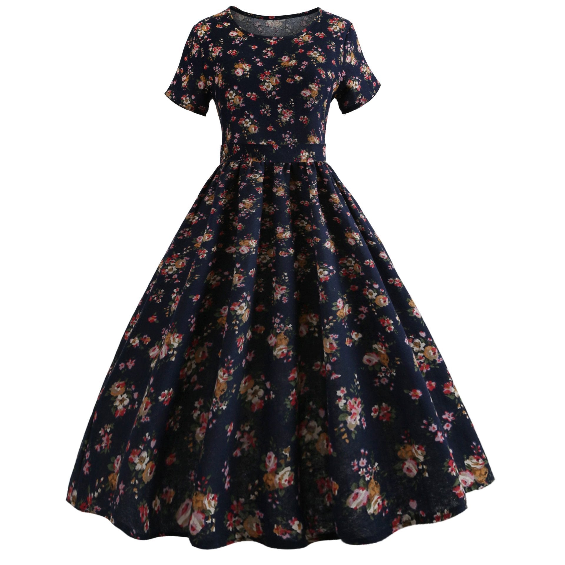 Nature Print Pleat Front Dress-Dark Blue-Theone Apparel