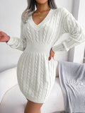 Women's Knit Style Sweater Dress with V-Neck and Long Sleeves