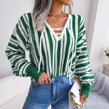 Women's Vertical Striped Sweater with Drawstrings