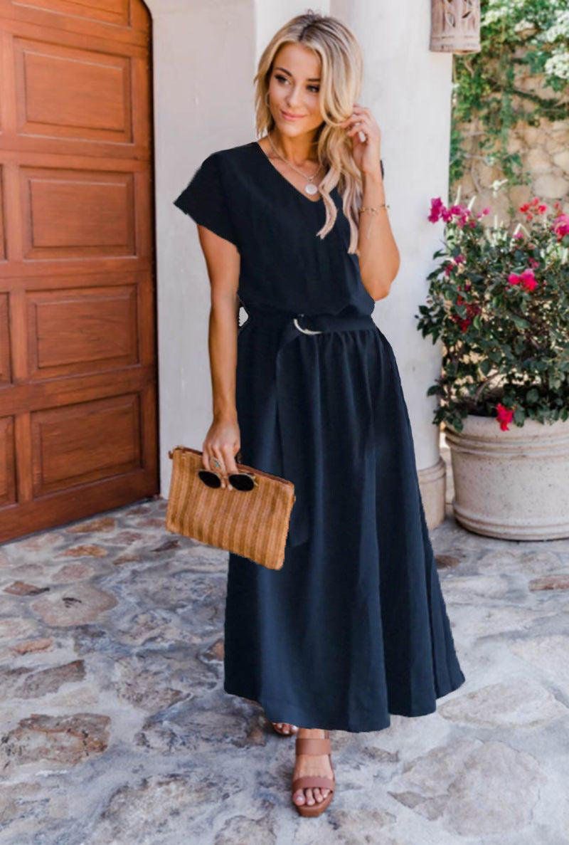 Short Sleeve Cinched Waist Maxi Dress