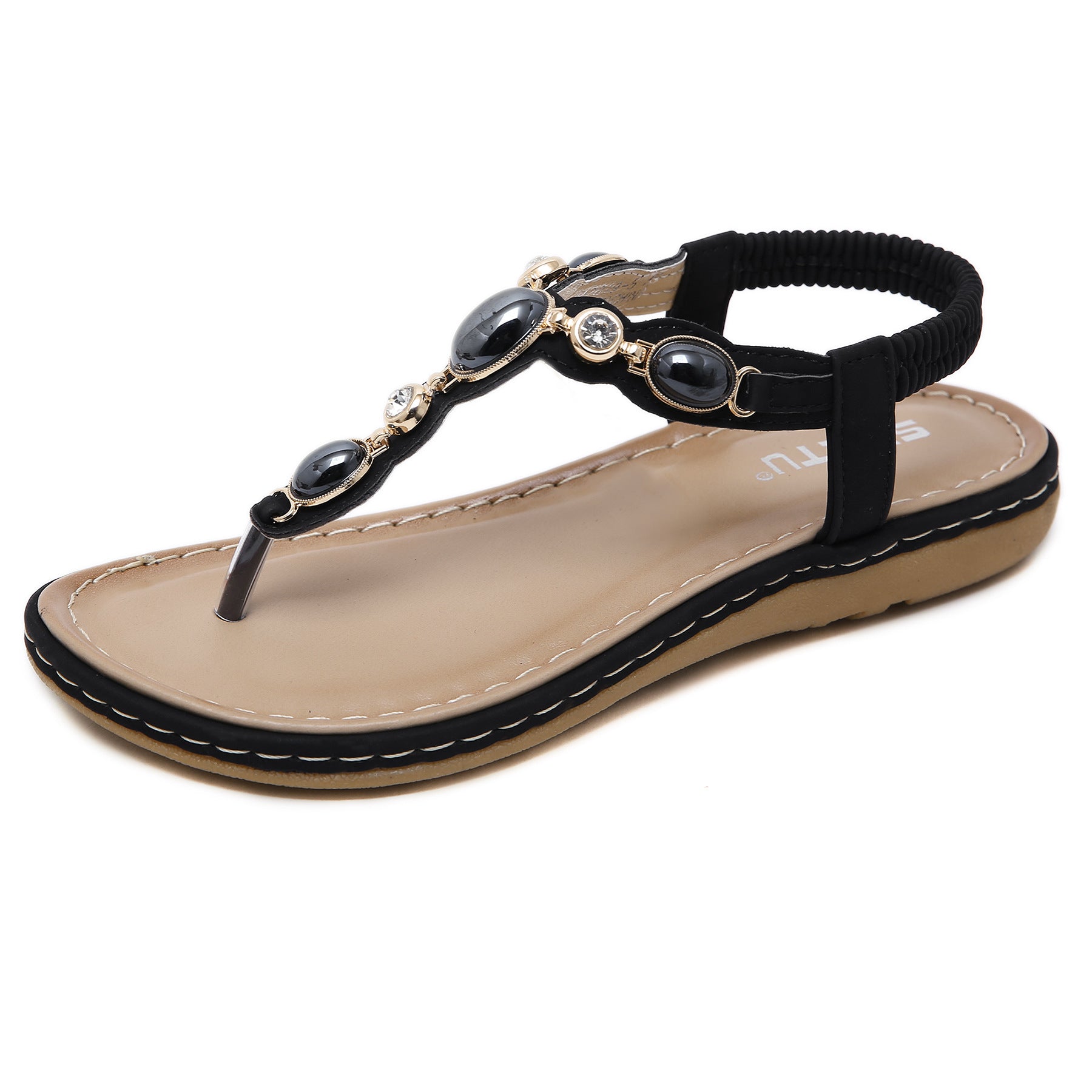 Stretchy enkelband sandalen met decoratieve stiksels en strass