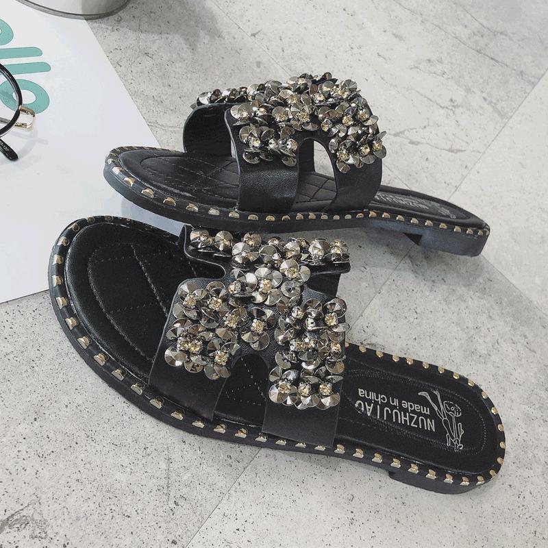 Pearl Encrusted Stud Trim Slippers-Black-Theone Apparel