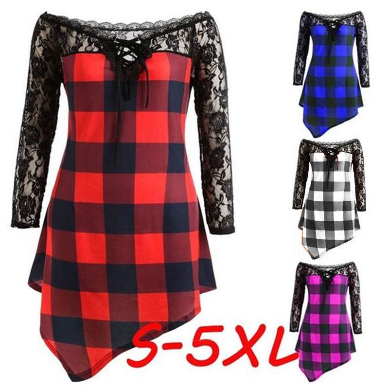 Plaid Checker Lace High Low Shirt