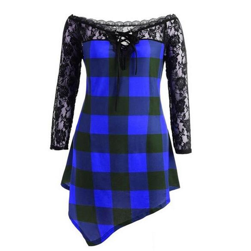Plaid Checker Lace High Low Shirt-Blue-Theone Apparel