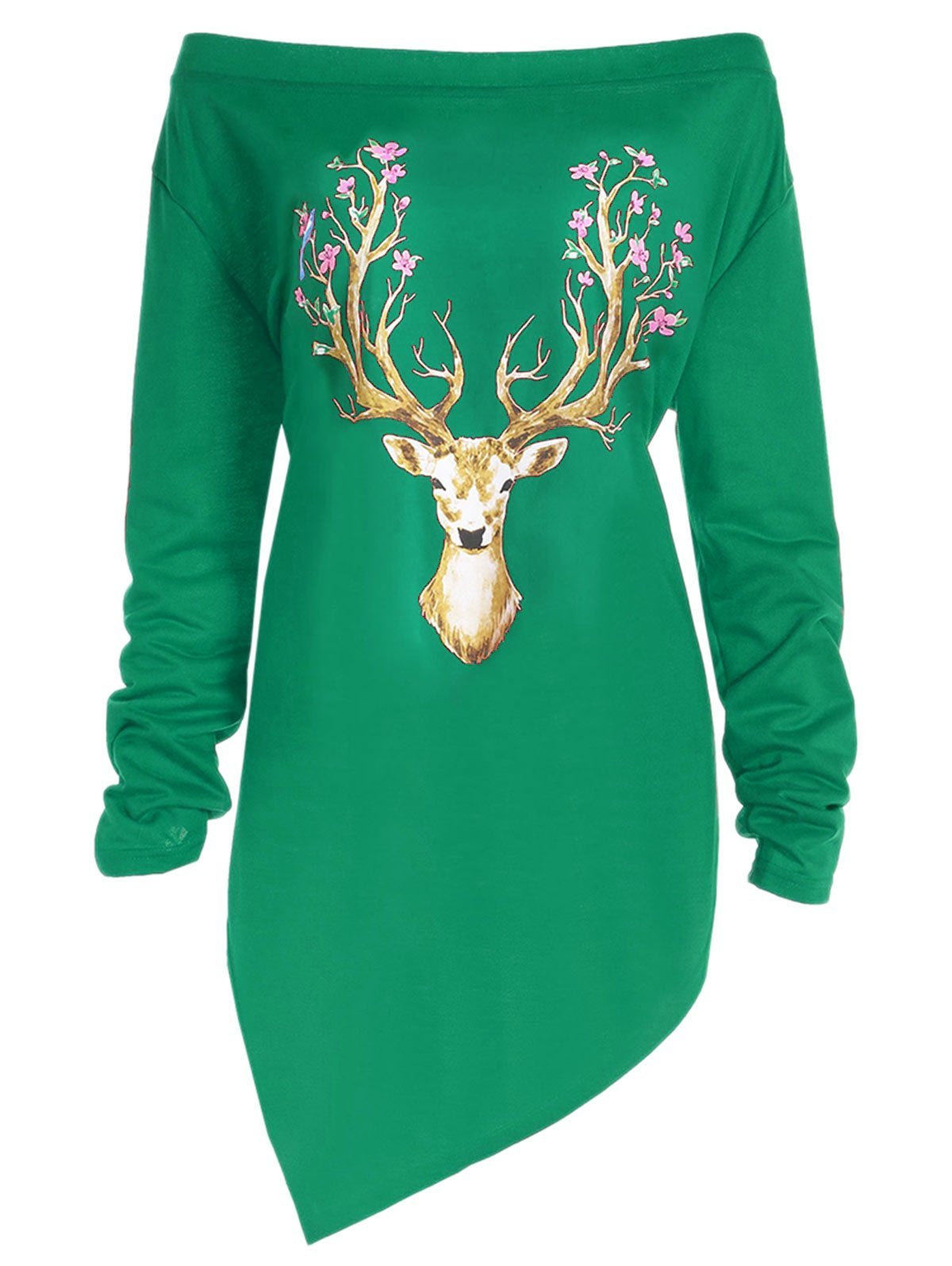 Plus Size Christmas Reindeer Asymmetrical Tee-Green-Theone Apparel