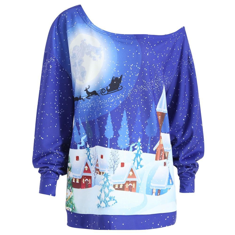 Plus Size Christmas Skew Neck Sweatshirt-Blue-Theone Apparel