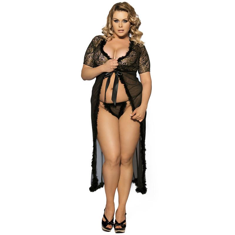 Plus Size Feathery Duster Waist Tie Robe-Black-Theone Apparel