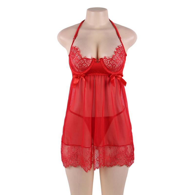 Plus Size Sheer Lace Babydoll Mini Dress-Red-Theone Apparel