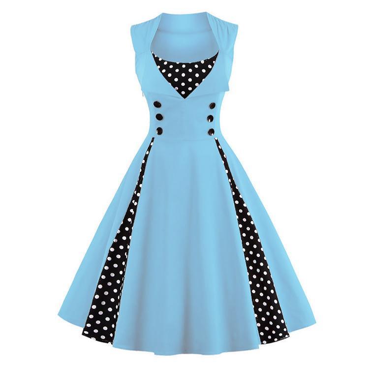 Polka Dot Pleats Retro Flair Dress-Sky Blue-Theone Apparel