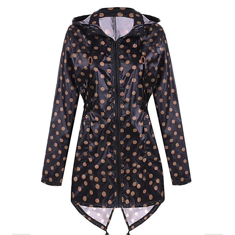 Polka Dot Print Hoodie Trench Coat-Brown/White-Theone Apparel