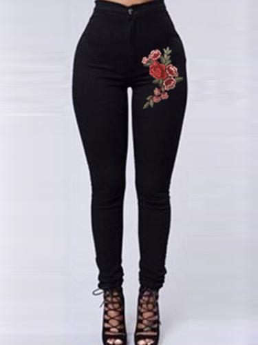 Red Floral Embroidery Skinny Jeans-Black-Theone Apparel