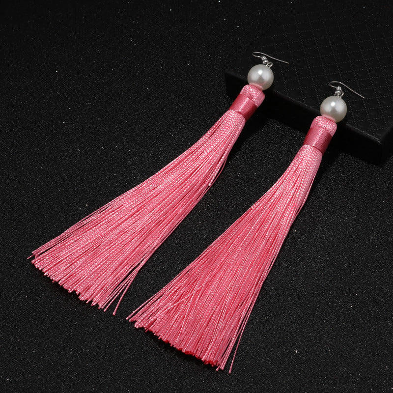 Red Tassel Pearl Drop Earrings-Pink-Theone Apparel