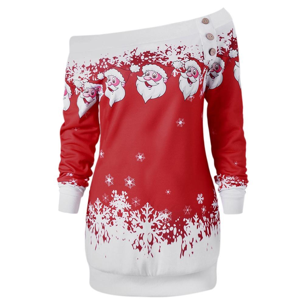 Santa Snowflakes Skew Neck Sweatshirt-Maroon-Theone Apparel