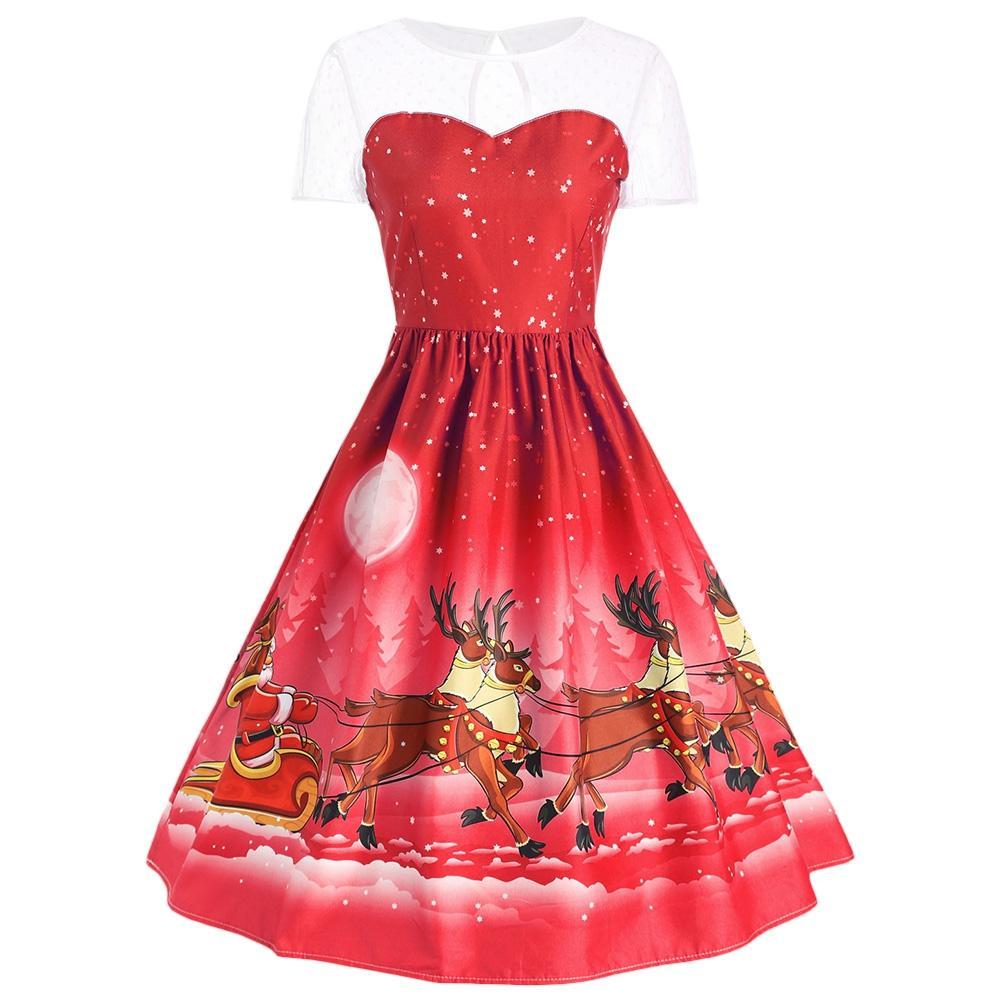 Santa and Sleigh Christmas Party Dress-Red-Theone Apparel