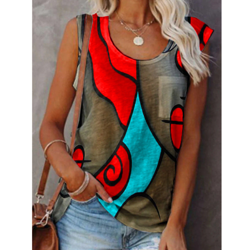 Sleeveless Abstract Pattern Tank Top Blouse-Red-Theone Apparel