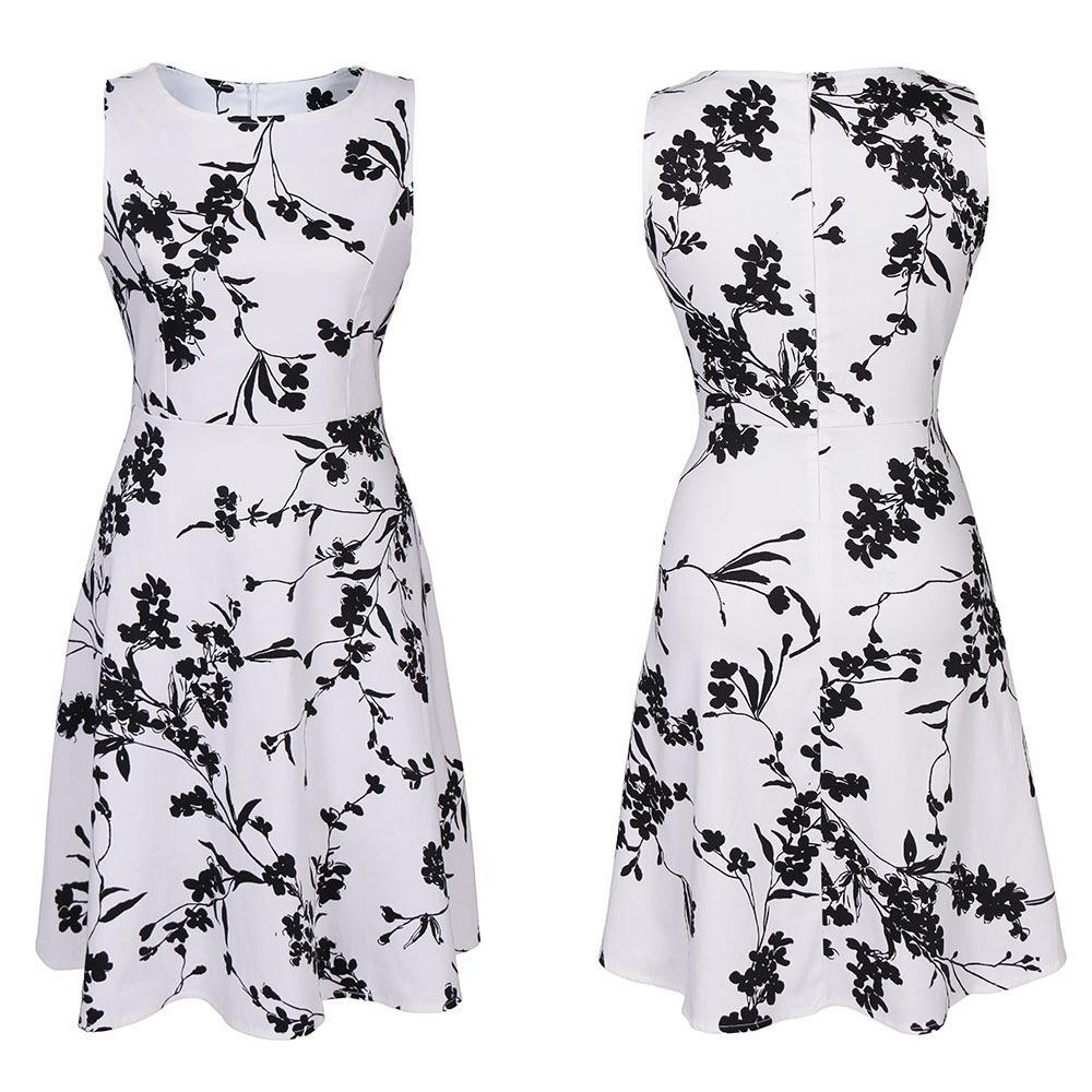 Sleeveless Grayscale Floral Print Dress