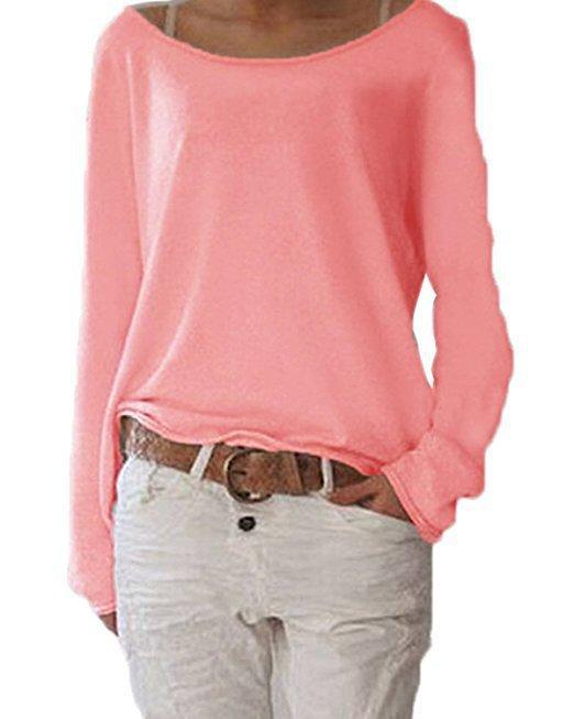 Slouchy Off Shoulder Casual Sweater-Pink-Theone Apparel