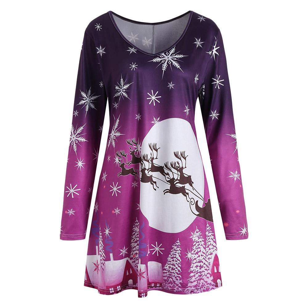 Snowflakes and Reindeer Plus Size Dress-Purple-Theone Apparel