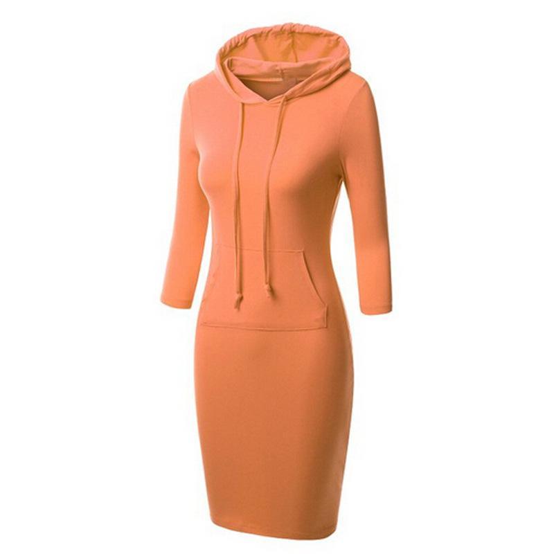 Sporty Drawstring Hood Sweater Dress-Orange Long Sleeve-Theone Apparel