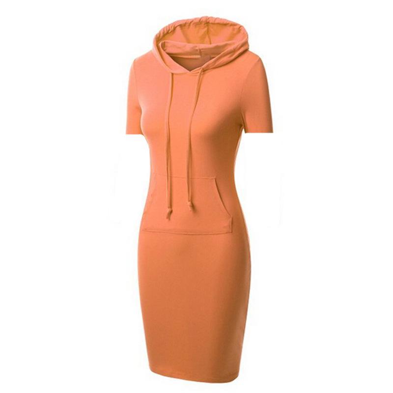 Sporty Drawstring Hood Sweater Dress-Orange Short Sleeve-Theone Apparel