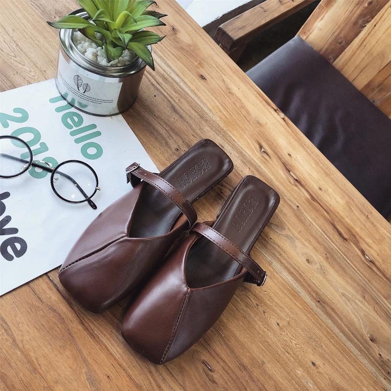 Square Toe Single Strap Sliders-Brown-Theone Apparel