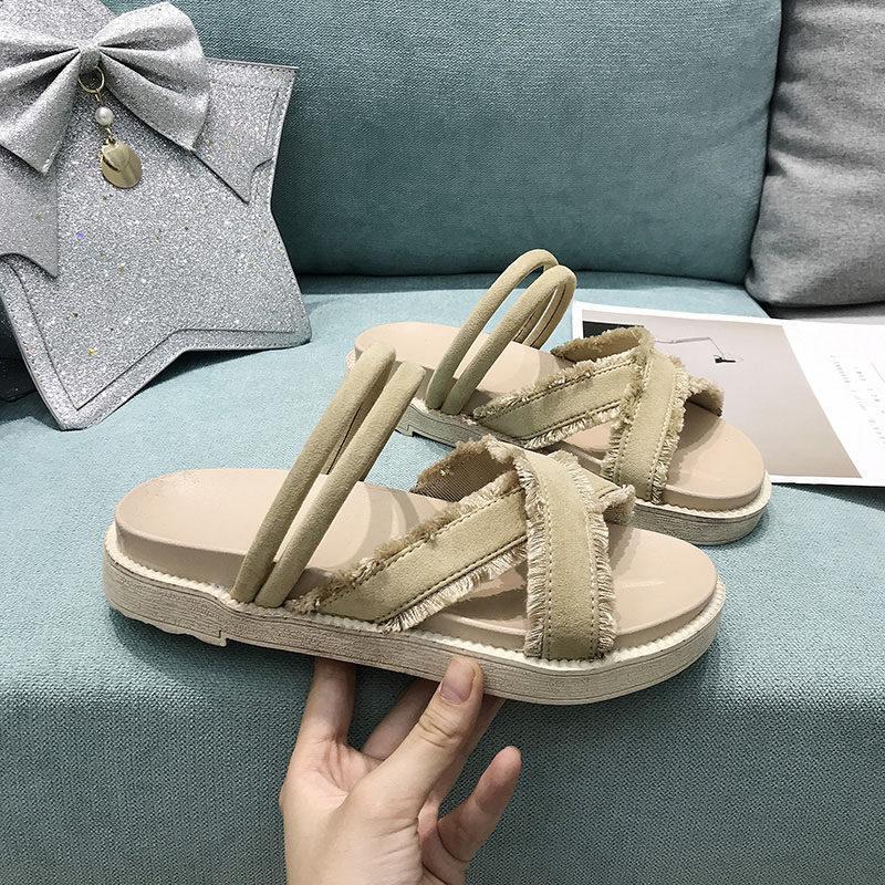 Strappy Fringe Trim Walking Sandal-Beige-Theone Apparel