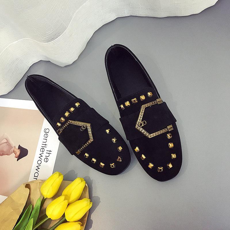 Studded Up Buckle Front Loafers-Black-Theone Apparel