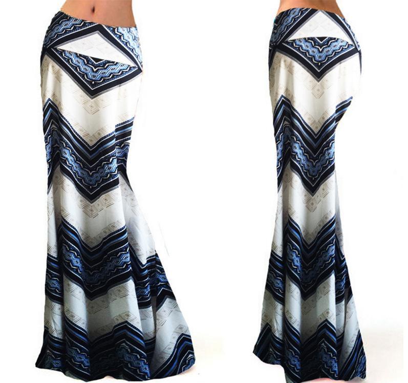 Tribal Band Stretch Maxi Skirt-White/Blue-Theone Apparel