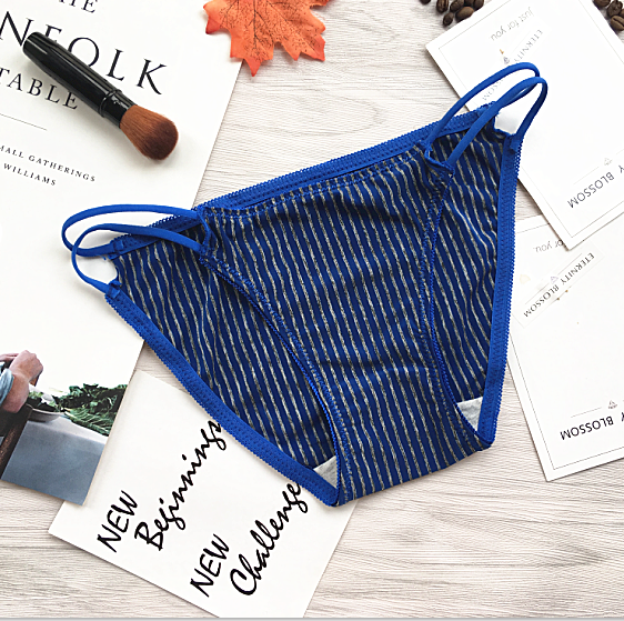 Vertical Pinstripe Fll Coverage Panties with Hip Straps-Blue-Theone Apparel