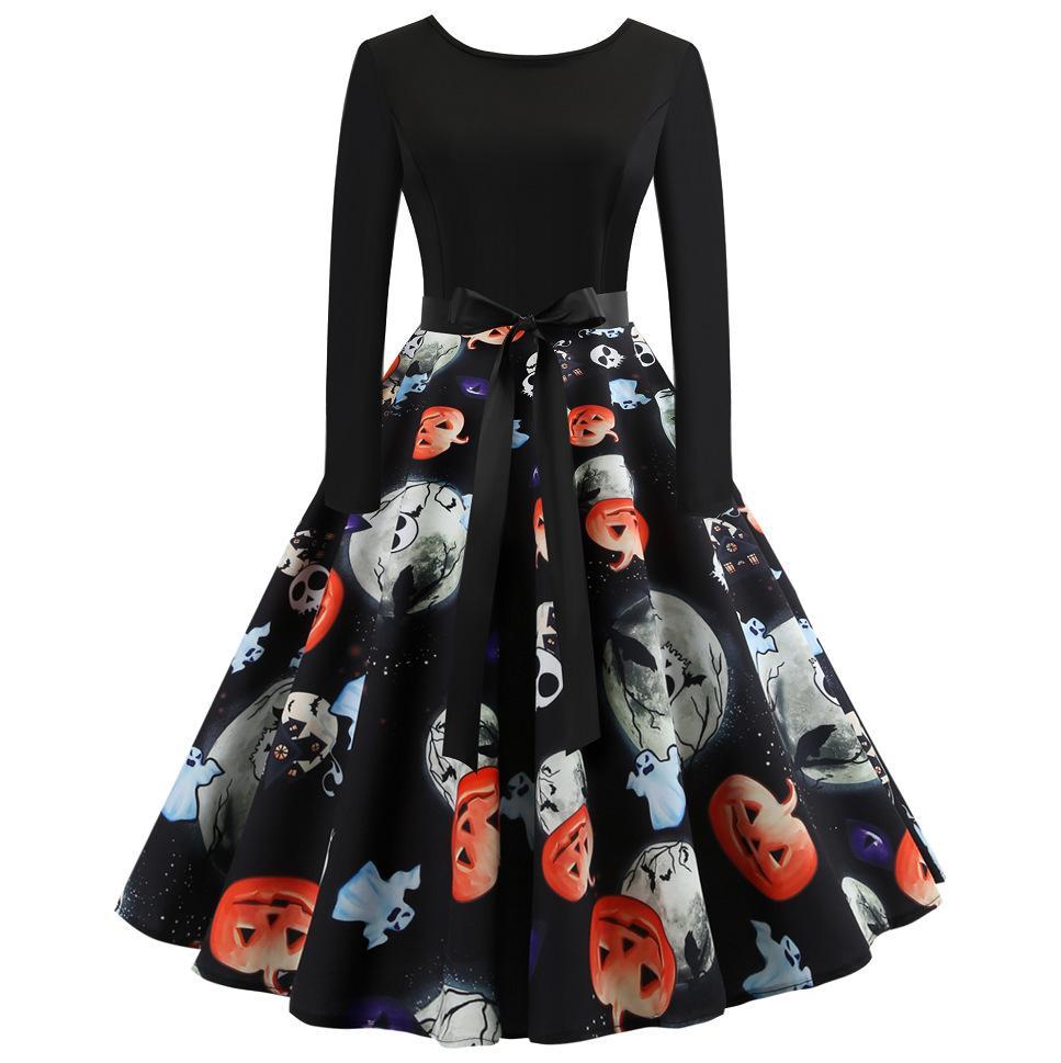 Waist Tie Holiday Print A Line Dress-Gray/Orange-Theone Apparel