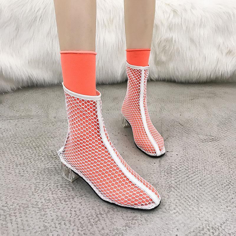 Clear Heel Fishnet Statement Booties - Theone Apparel