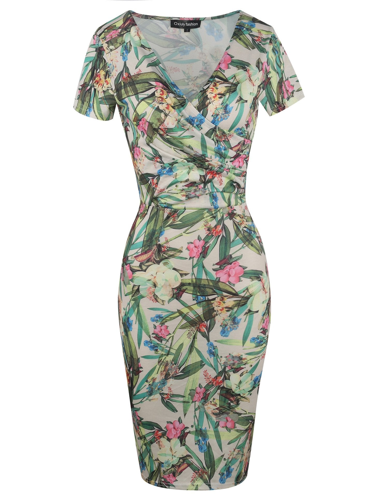 All-Over Print Surplice Short-Sleeve Dress - THEONE APPAREL