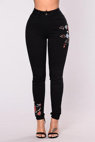 Black Floral Embroidery Skinny Jeans - THEONE APPAREL