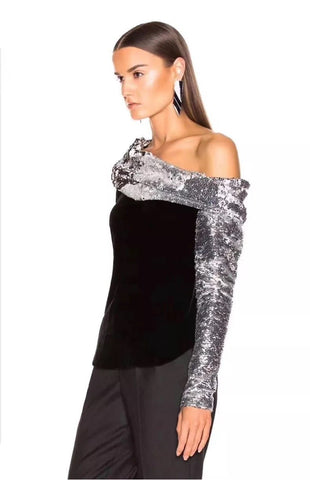 Blouse with Silver Shiny Neckline and Sleeve - THEONE APPAREL