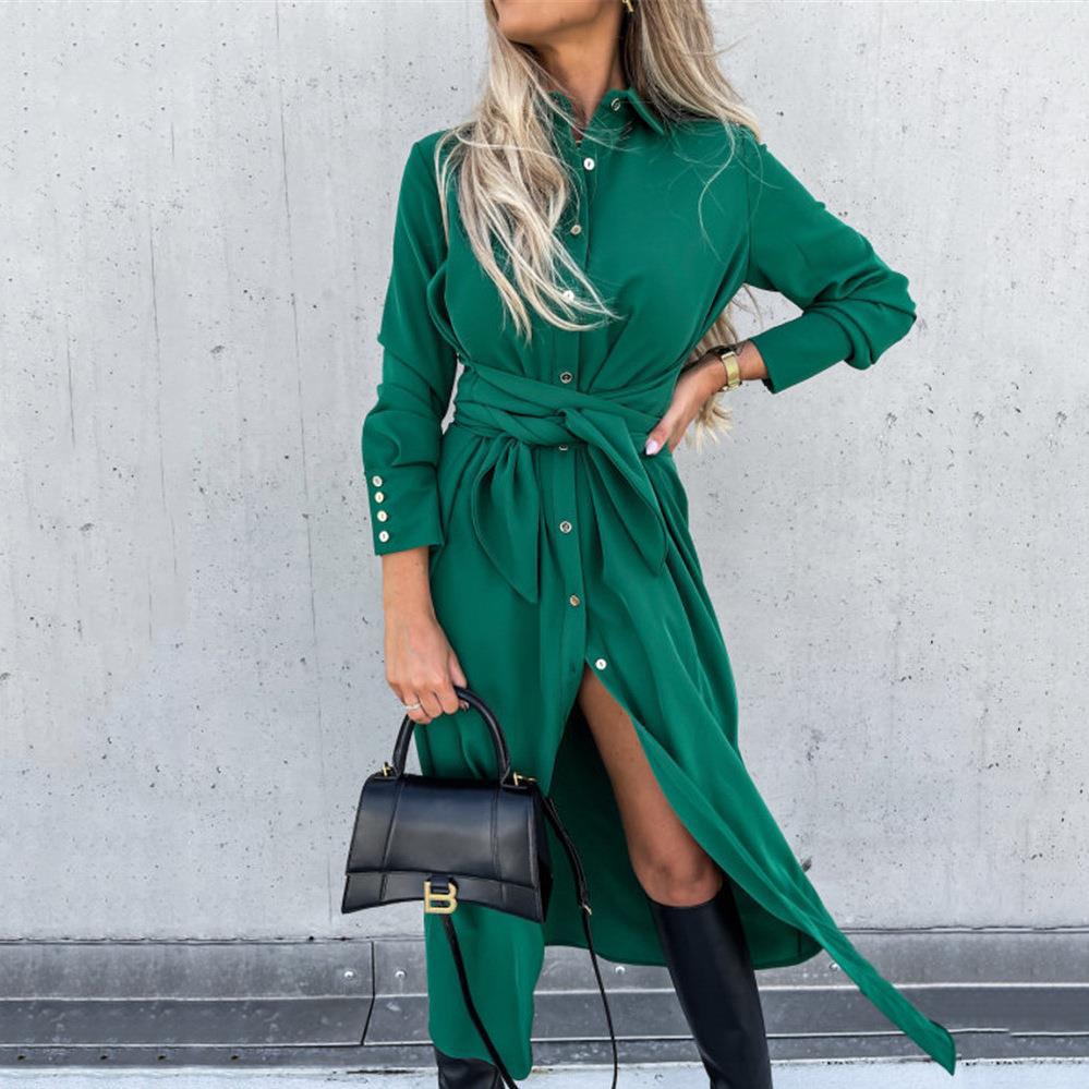 Button Down Long Sleeve Tie Waist Dress - THEONE APPAREL