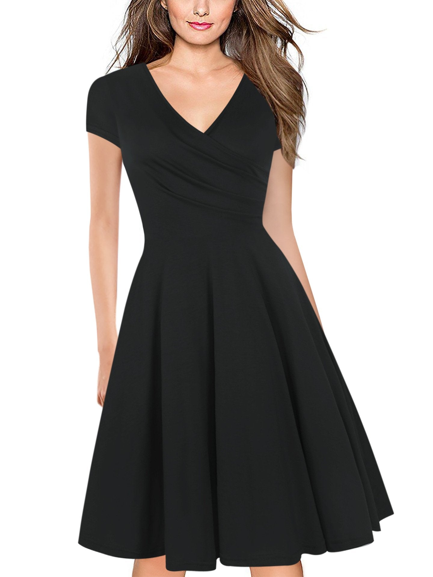 Cap Sleeve V-Neck Surplice Dress - THEONE APPAREL